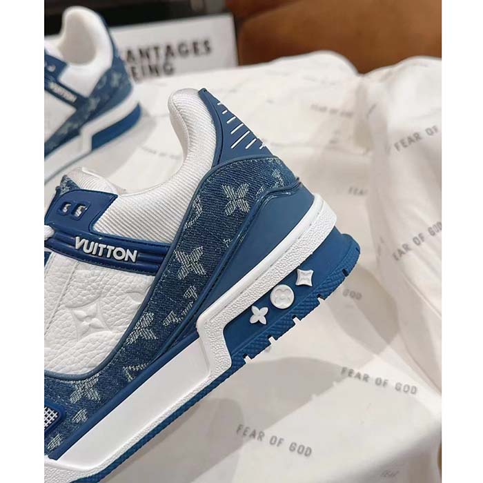 Louis Vuitton Unisex LV Trainer Sneaker Blue Monogram Denim Monogram-Embossed Grained Calf Leather