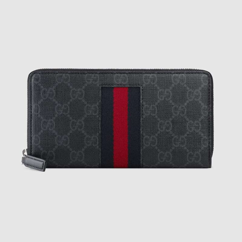 Gucci GG Unisex GG Supreme Web Zip Around Wallet in Black/Grey GG Supreme Canvas