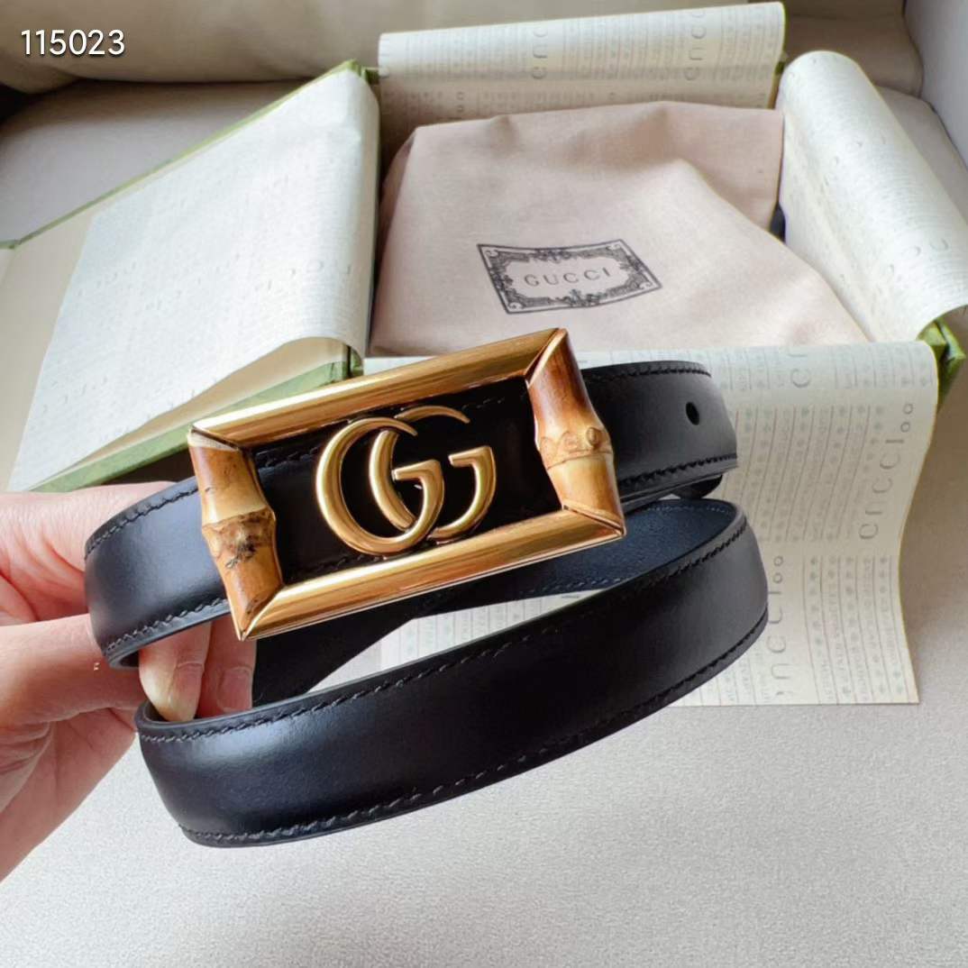 Gucci Unisex GG Belt Double G Buckle Bamboo Black Leather 1.8 CM Width