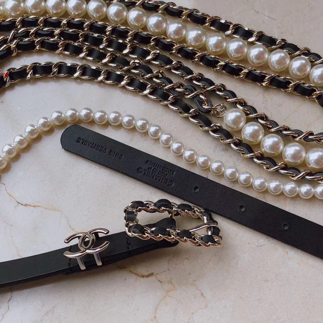 Chanel Women CC Belt Gold Metal Resin Glass Pearls Strass Black Calfskin Leather