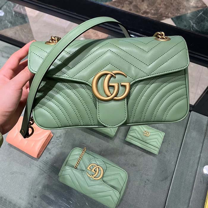 Gucci Women GG Marmont Small Shoulder Bag Sage Green Matelassé Chevron Heart