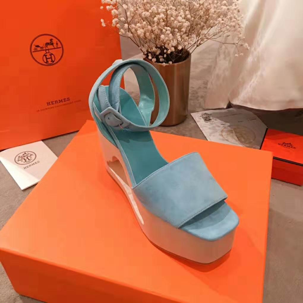 Hermes Women Tendresse Sandal Suede Goatskin Hollow Wooden Wedge 7.1cm-Aqua