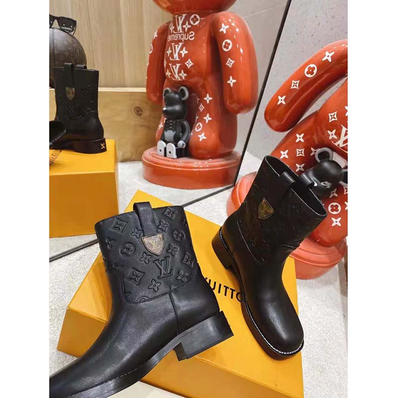 Louis Vuitton LV Women Downtown Ankle Boot Black Embossed Calf Leather 3 cm Heel