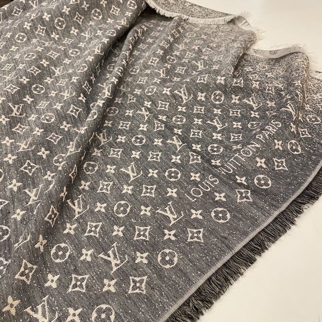 Louis Vuitton LV Unisex Monogram Jacquard Denim Shawl Gray Cotton Wool Silk