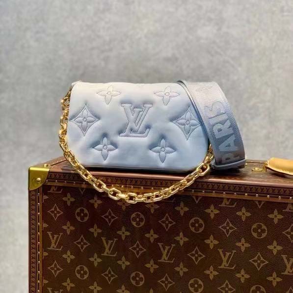 Louis Vuitton LV Women Wallet On Strap Bubblegram Blue Monogram Embroidered Quilted Calf