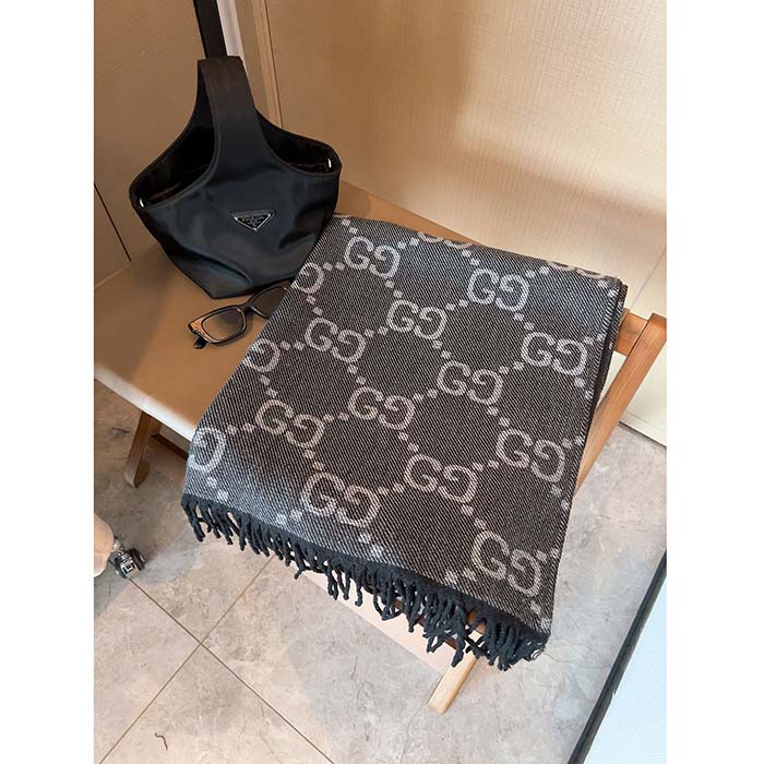 Gucci Unisex GG Cashmere Jacquard Scarf Blue Beige GG Cashmere Jacquard