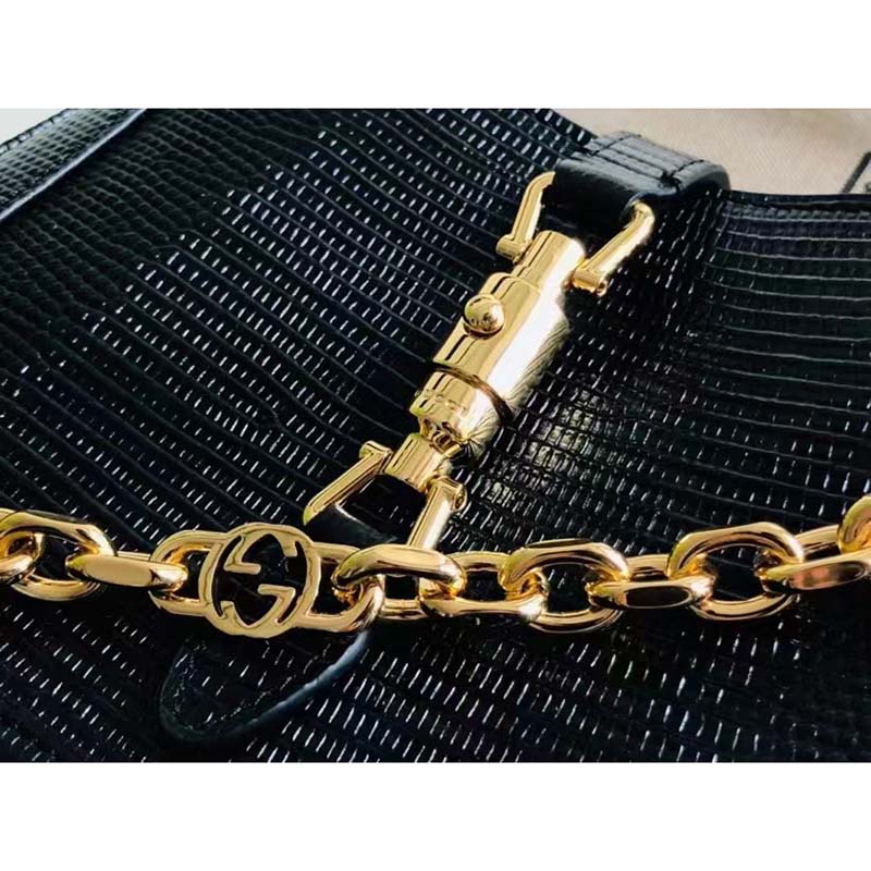 Gucci Women GG Jackie 1961 Lizard Mini Bag Black Lizard Gold-Toned Hardware