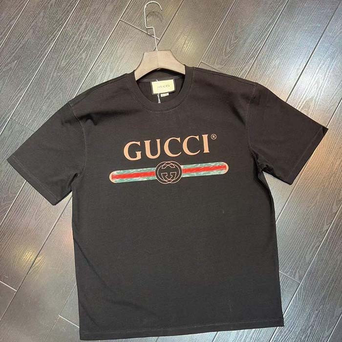 Gucci Women GG Washed T-Shirt Gucci Logo Black Crewneck Oversize Fit
