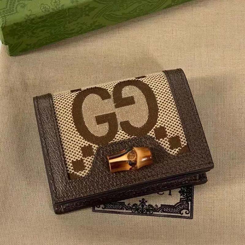 Gucci Unisex Diana Jumbo GG Card Case Camel Ebony Canvas Brown Leather