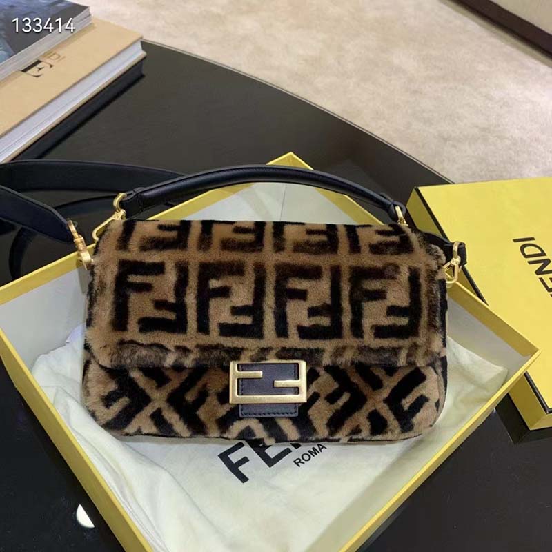 Fendi Women FF Baguette Brown Sheepskin Sheep Fur Calfskin Bag
