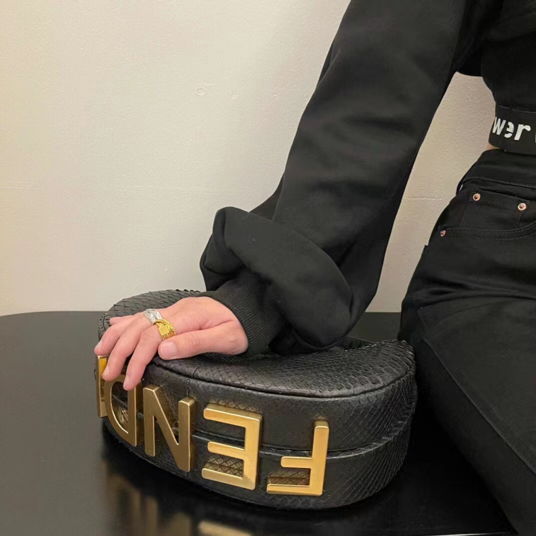 Fendi Women FF Fendigraphy Small Black Python Leather Bag