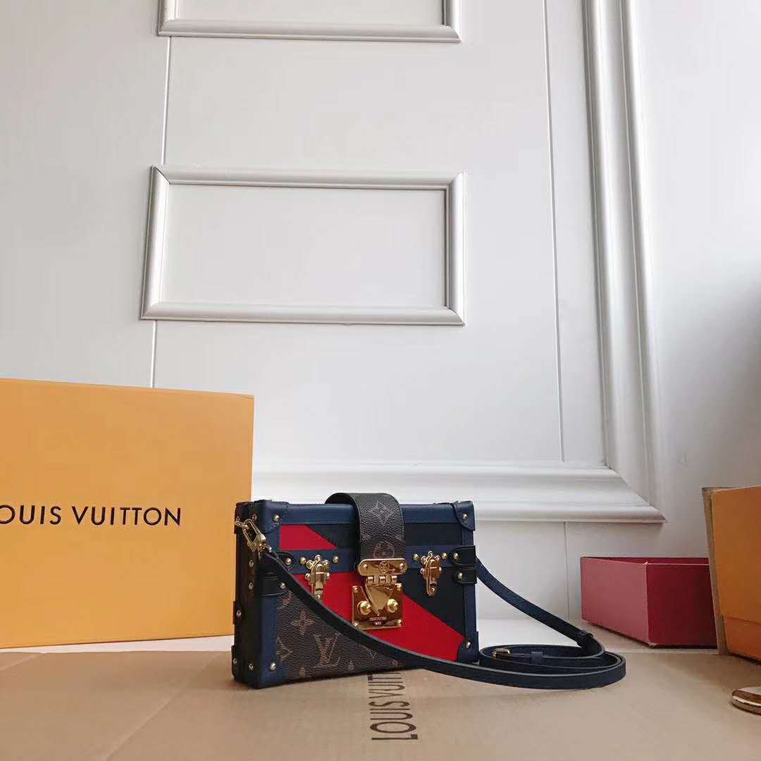Louis Vuitton LV Women Petite Malle Handbag in Calf Leather and Monogram Coated Canvas
