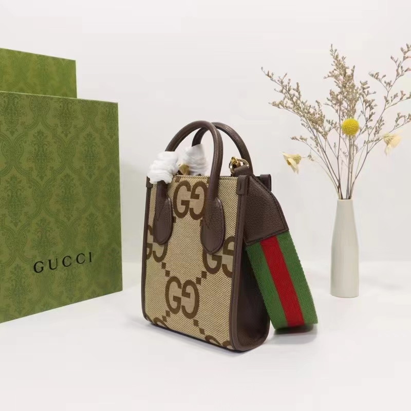 Gucci Unisex Jumbo GG Mini Tote Bag Camel Ebony Canvas