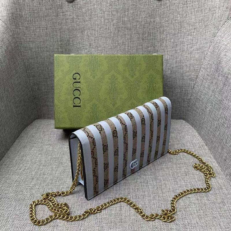 Gucci Women Double G Mini Bag Chain Blue Stripe Print Beige Ebony GG Supreme Canvas