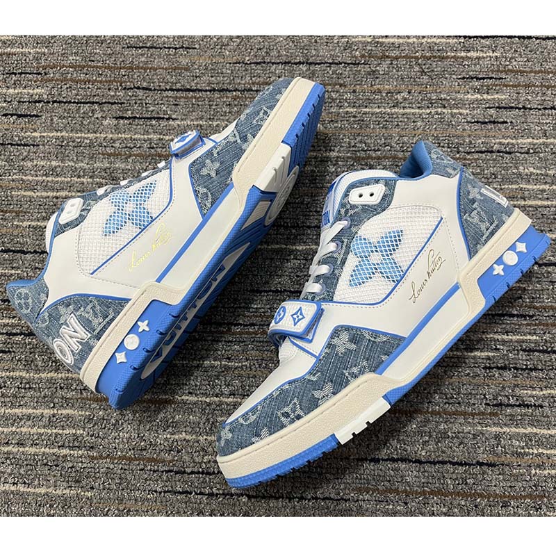 Louis Vuitton Unisex LV Trainer Sneaker Blue Monogram Denim Rubber Monogram Flowers