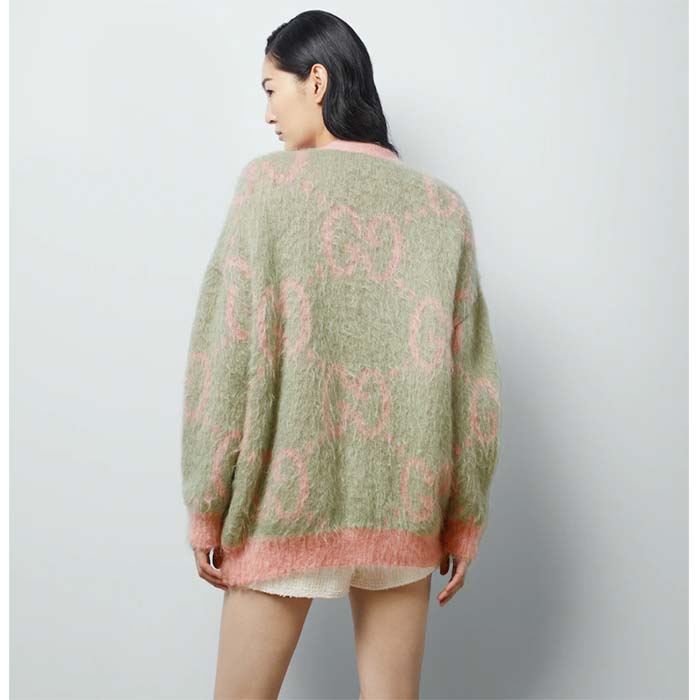 Gucci Women Reversible GG Mohair Cardigan Light Green Pink Brushed Jacquard Wool V-Neck