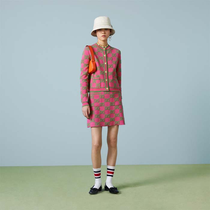 Gucci Women Cotton Silk Blend Cardigan Fuchsia Green Jacquard Crewneck Long Sleeves