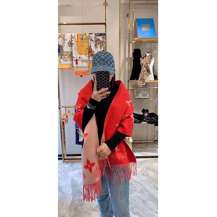 Louis Vuitton LV Unisex Reykjavik Scarf Red Cashmere Jacquard Weave Oversized Monogram Flowers