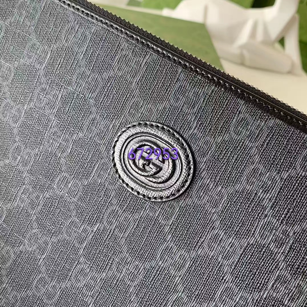 Gucci Unisex Pouch Interlocking G Black GG Supreme Canvas Leather Zip Closure