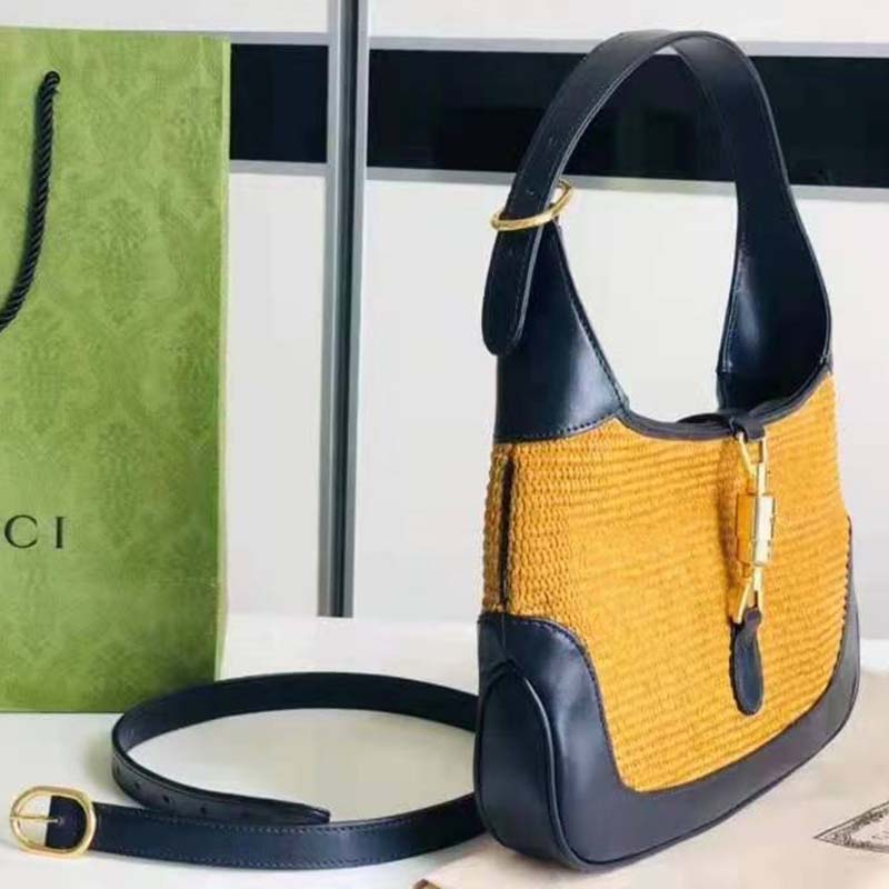 Gucci GG Women Jackie 1961 Small Shoulder Bag Camel Straw Effect Fabric Blue Leather