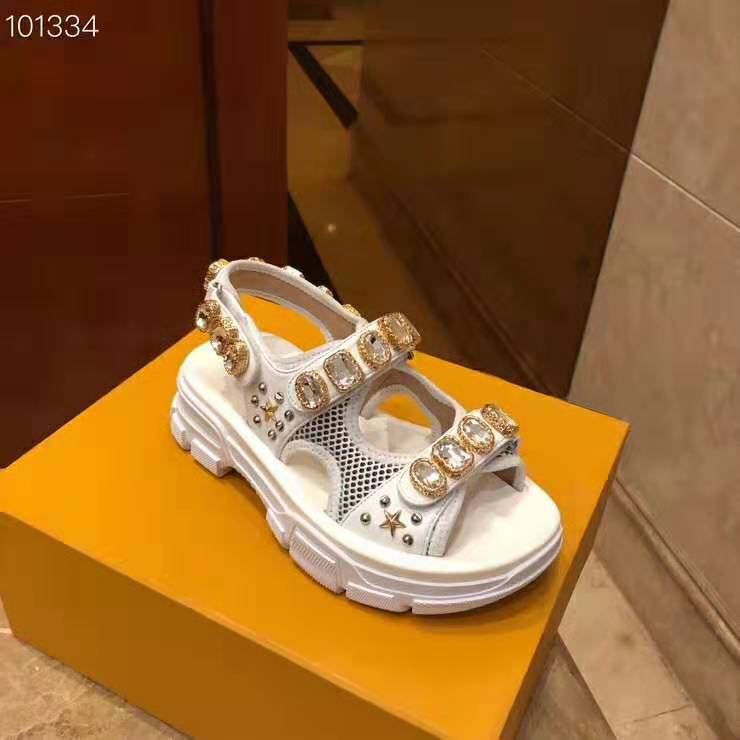 Gucci Women Leather and Mesh Sandal with Crystals 4.6 cm Heel-White