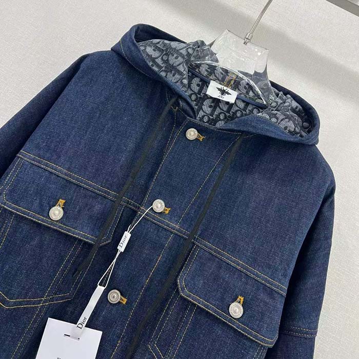 Dior Men CD Oversized Hooded Jacket Blue Cotton Denim Dior Oblique Interior