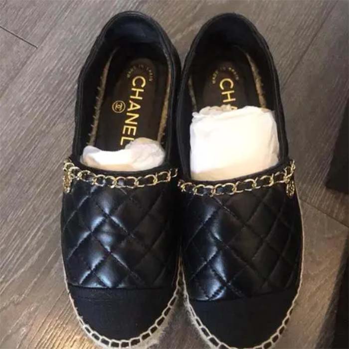 Chanel Women CC Tweed Calfskin Loafer Black Leather Gold Tone Metal