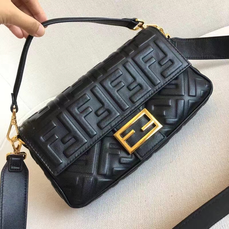 Fendi Women Baguette Chain Midi Black Nappa Leather Bag