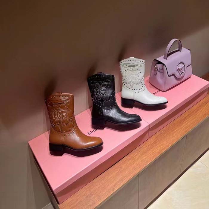 Gucci Women GG Boot Double G Embroidery Studs Black Leather Low 3.6 CM Heel