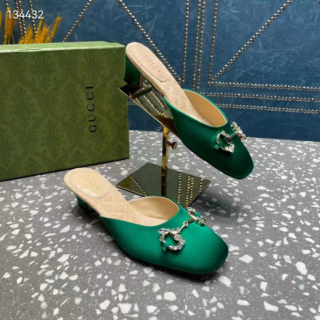 Gucci Women GG Horsebit Mule Green Satin Crystals Leather Sole Low 4.3 CM Heel