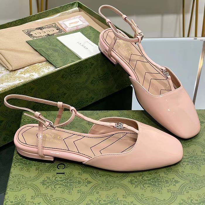 Gucci Women GG Double G Ballet Flat Light Pink Patent Leather Square Toe