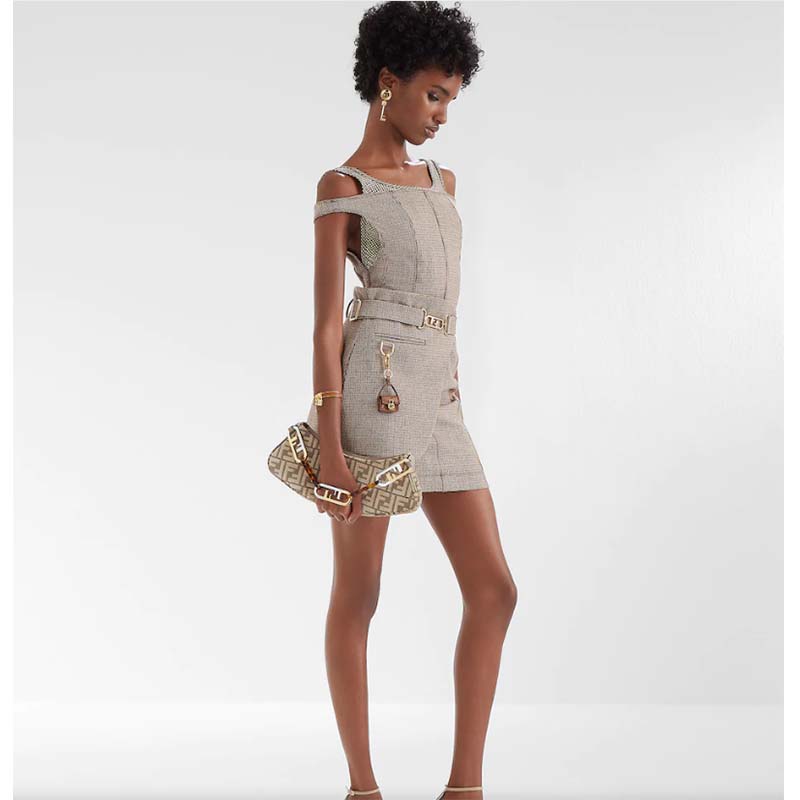 Fendi Women FF O’Lock Swing Dove Gray Tapestry Fabric Pouch