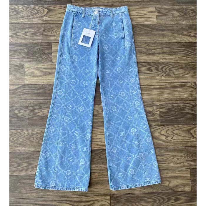 Chanel Women CC Jeans Printed Denim Light Blue White