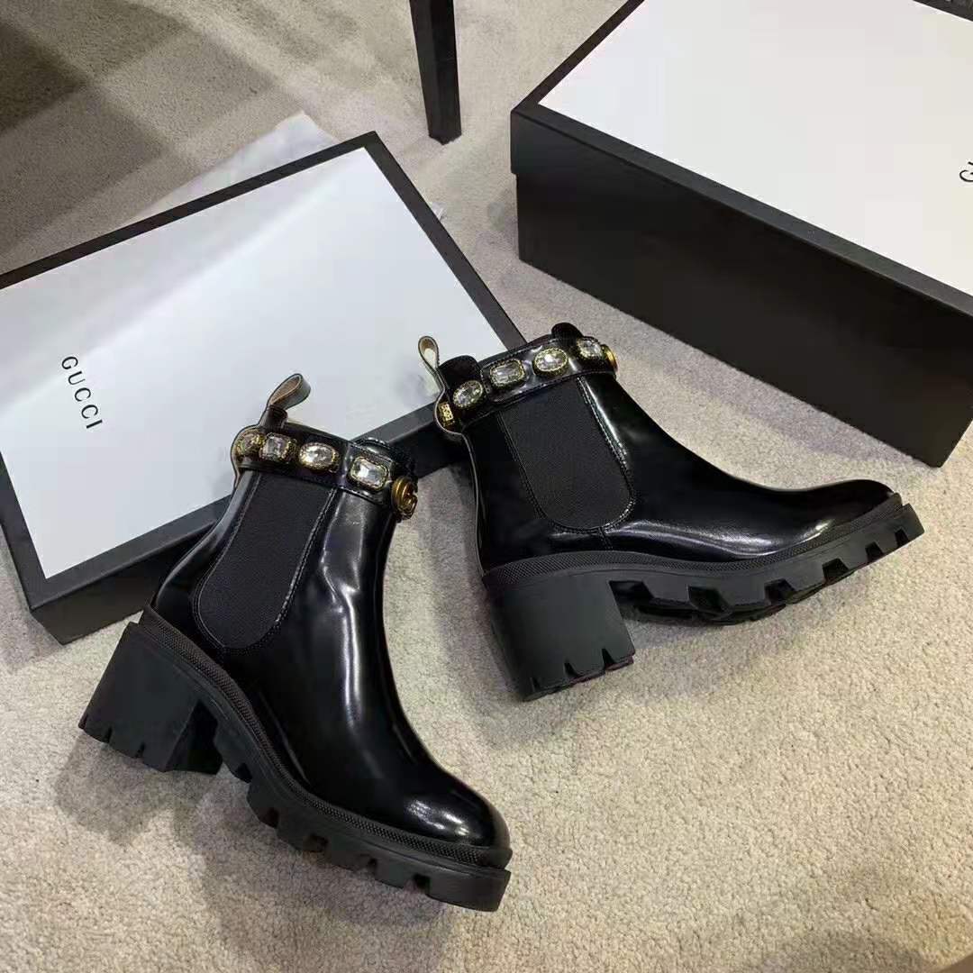 Gucci Women Leather Ankle Boot with Belt 6 cm Heel in Black Shiny Leather