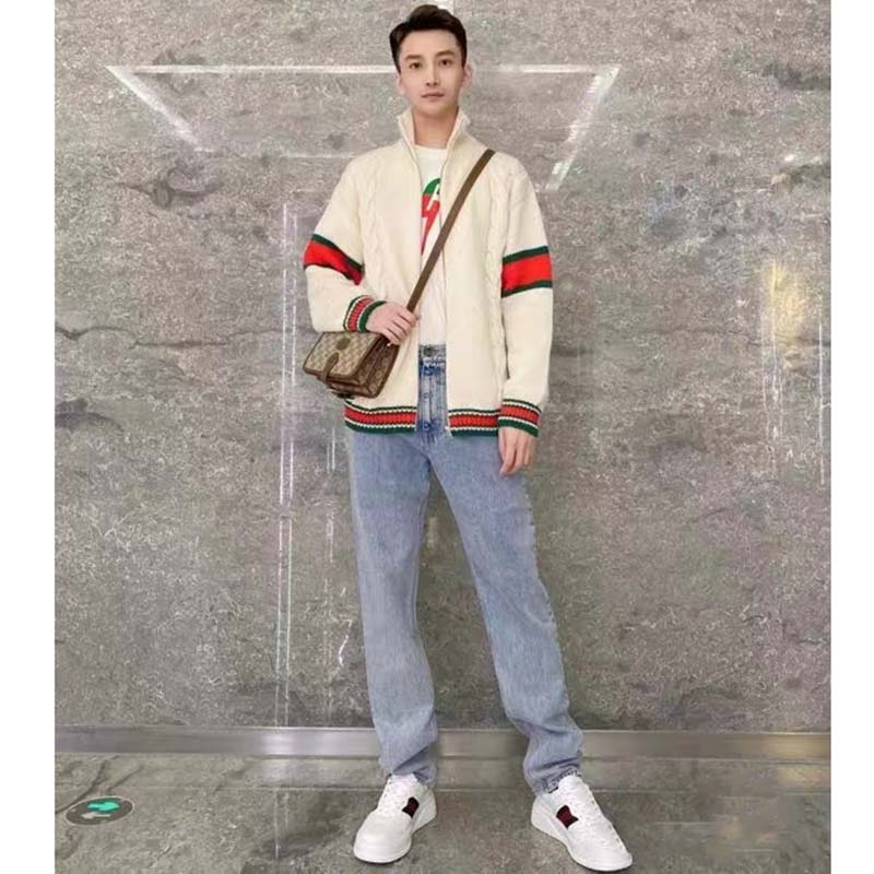 Gucci Unisex Sneaker Web White Leather Green Red Web Lace Up Flat