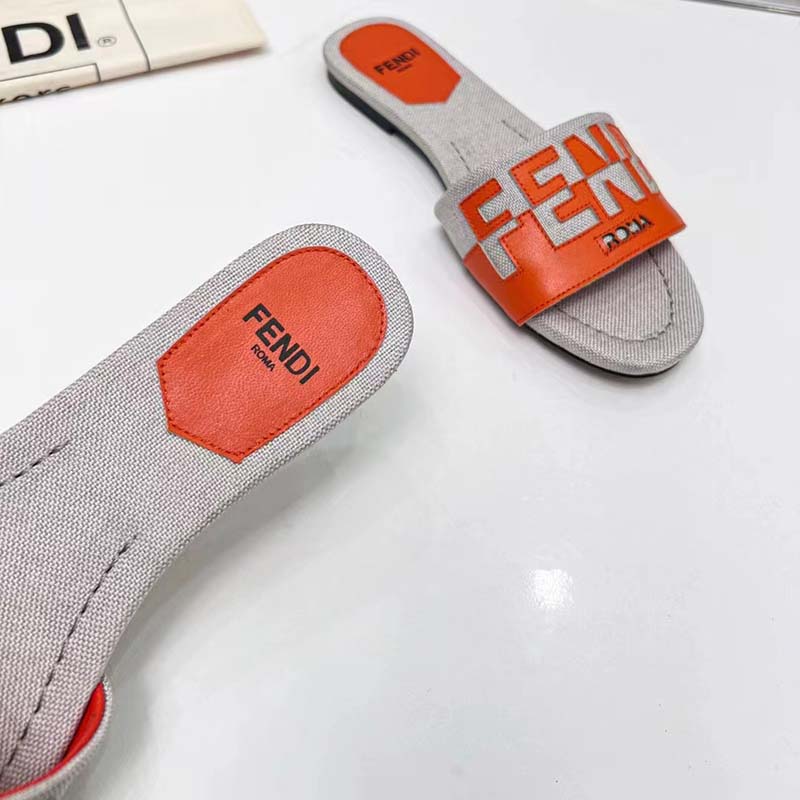 Fendi Women FF Signature Canvas Brown Leather Slides 1 Cm Heel