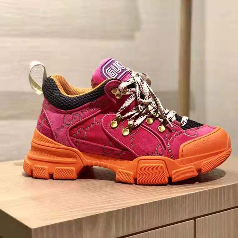 Gucci Unisex Flashtrek Sneaker with Crystals in GG Velvet with Leather 5.6 cm Heel-Pink