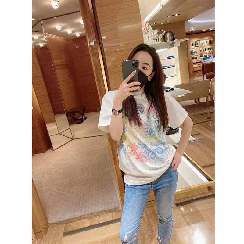 Louis Vuitton Women Front Printed Pastel Monogram T-Shirt Cotton White Regular Fit