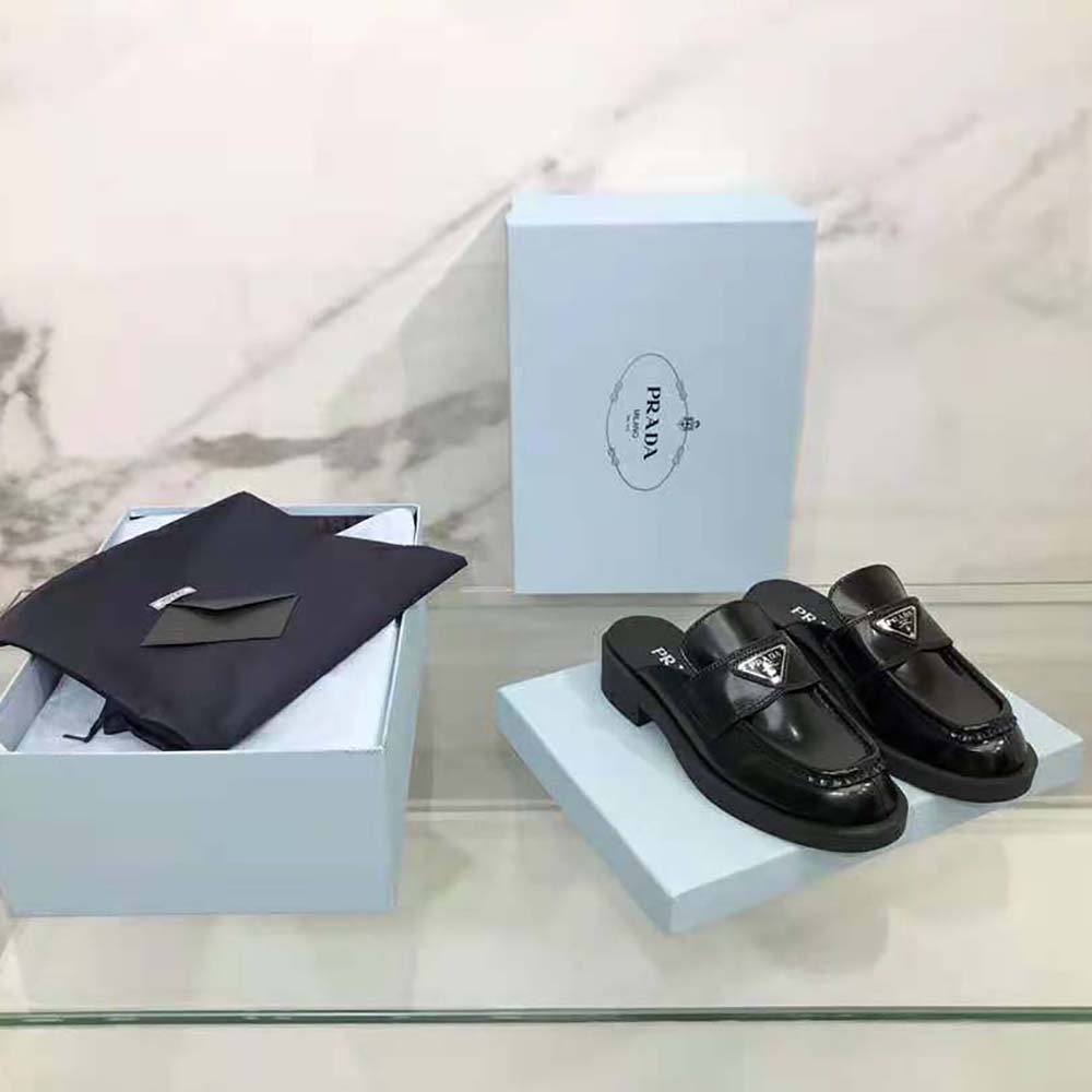 Prada Women Chocolate Brushed Leather Mules-Black