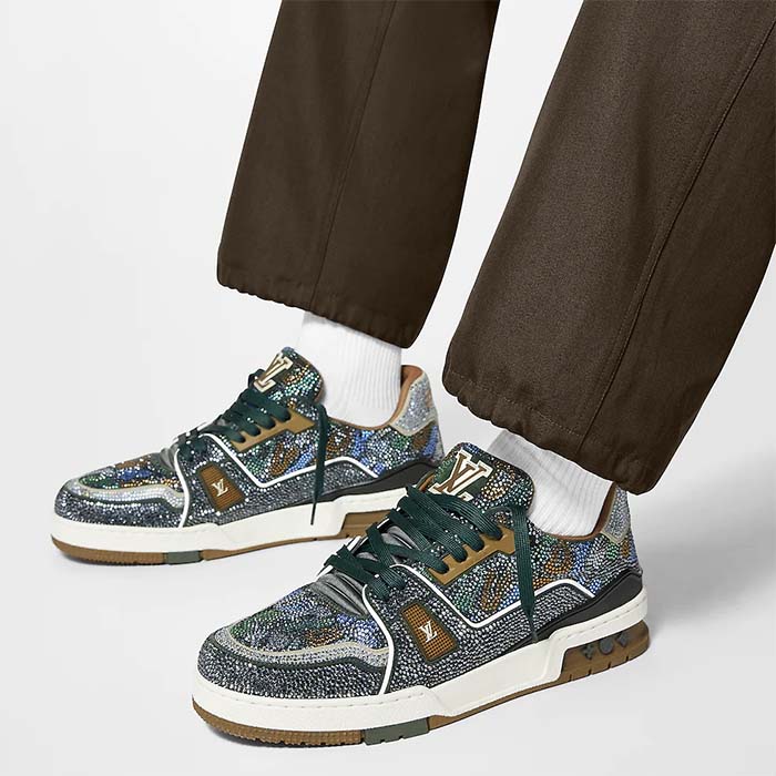 Louis Vuitton LV Unisex Trainer Sneaker Khaki Green Strass Rubber Monogram Flowers