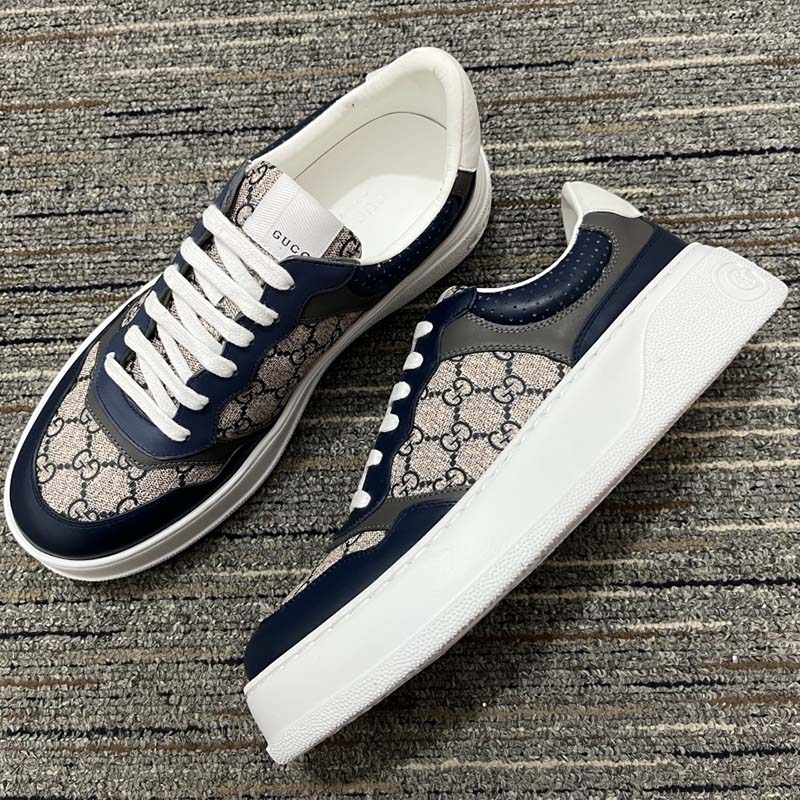 Gucci Unisex GG Sneaker Beige Blue Supreme Canvas Rubber Mid 5.5 Cm Heel