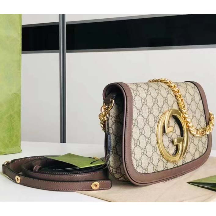 Gucci Women GG Blondie Shoulder Bag Beige Ebony GG Supreme Canvas