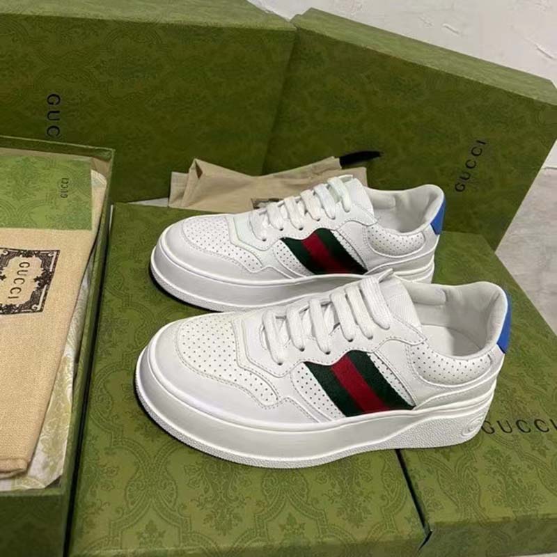 Gucci Unisex Sneaker Web White Leather Green Red Web Lace Up Flat