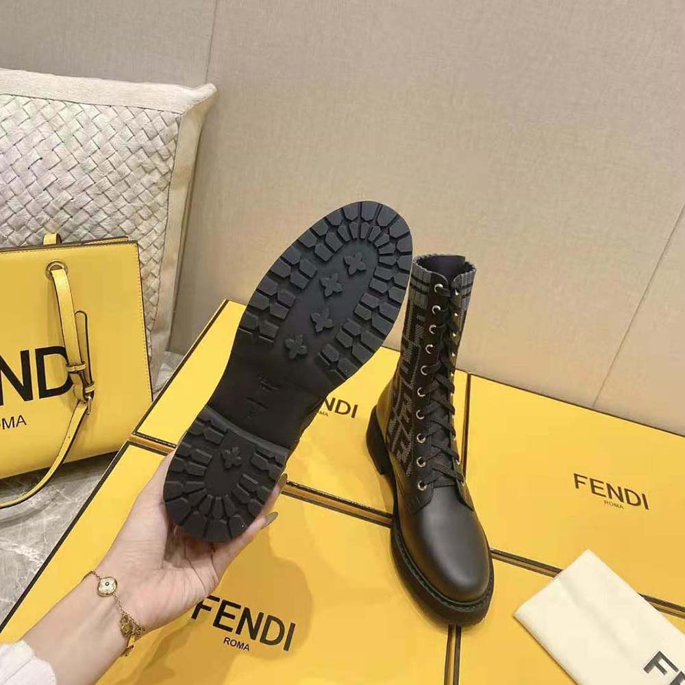 Fendi Women Rockoko Black Leather Biker Boots with Stretch Fabric