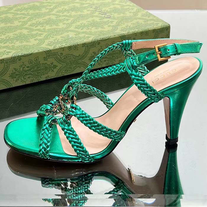 Gucci Women Crystal Interlocking G Sandal Green Metallic Braided Leather High Heel