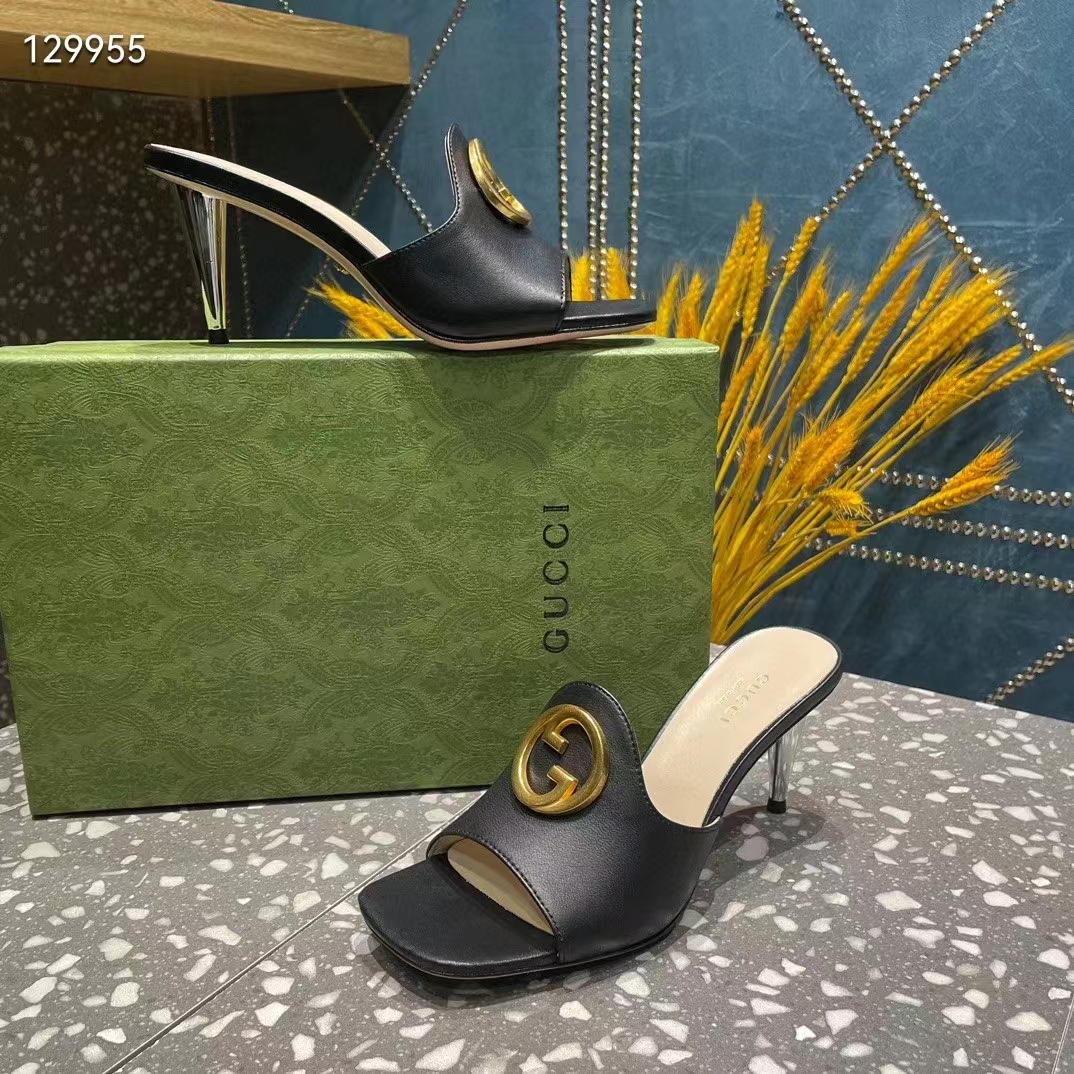 Gucci Women GG Blondie Slide Sandal Black Leather Metallic Mid Heel 6.6 Cm Heel