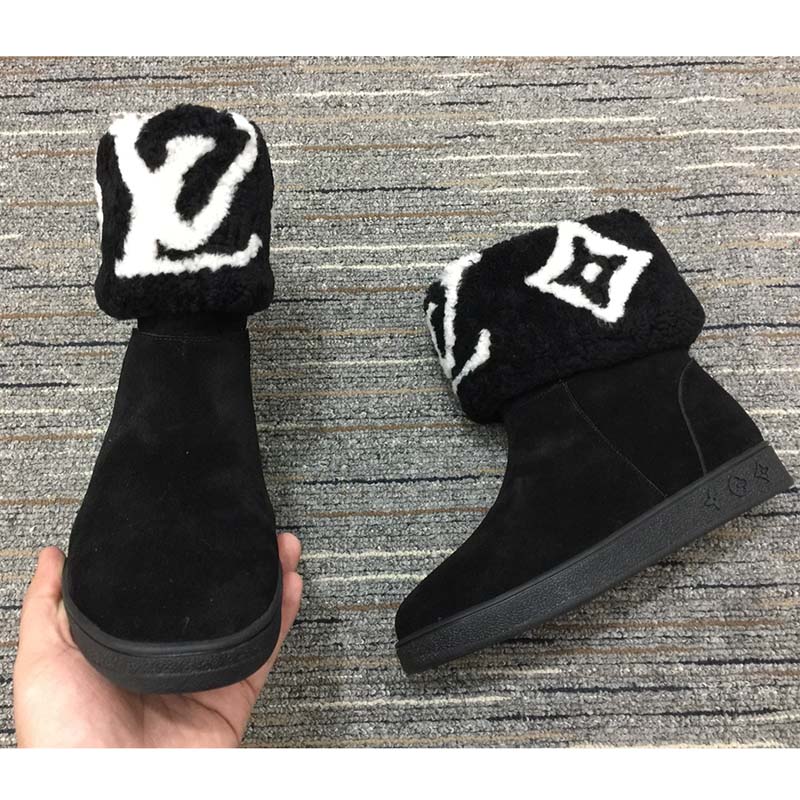 Louis Vuitton LV Women Snowdrop Flat Ankle Boot Black Suede Calf Leather Shearling Wool