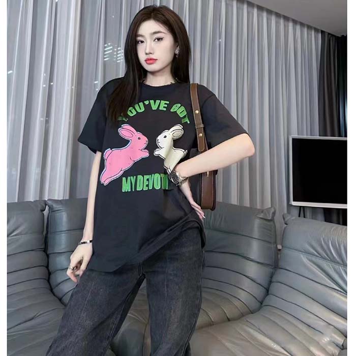 Gucci Women GG HA HA HA Bunny T-Shirt Black Medium Cotton Jersey Crewneck