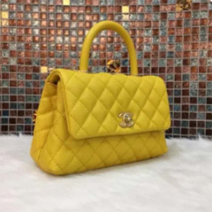 Chanel Women CC Quilted Handbag Yellow Calfskin Leather Gold-Tone Metal