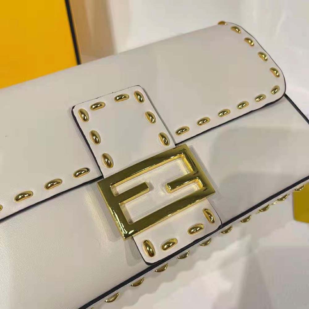 Fendi Women Conic Medium Baguette White Leather Bag
